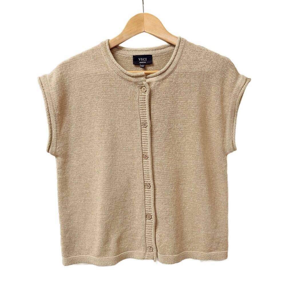 VICI Neutral Knit Cap Sleeve Sweater Vest Cardigan Button Front Top EUC Medium